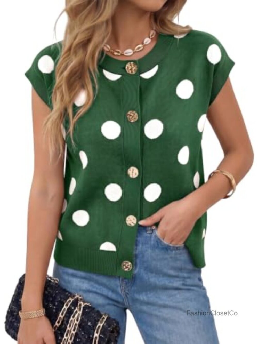 Sleeveless Polka Dot Button Down Knit Sweater Vest, Viscose Blend, Crop Tank